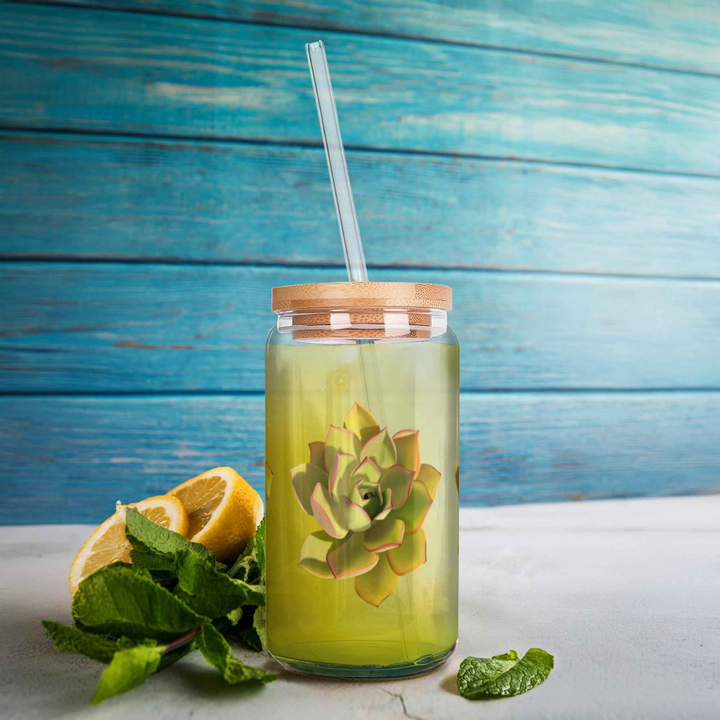 Noble Aeonium Succulent Soda Can Glass – 16 oz Durable Glass Tumbler with Bamboo Lid & Straw