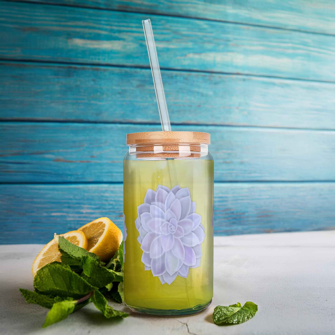 Graptopetalum Murasaki Succulent Soda Can Glass – 16 oz Durable Glass Tumbler with Bamboo Lid & Straw